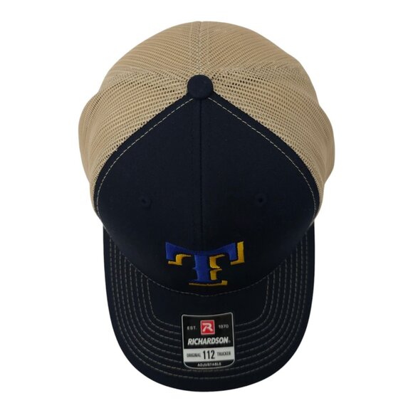 Richardson Blue Gold Embroidered T Logo Mesh Snapback Cap Trucker Baseball Hat - Picture 6 of 13